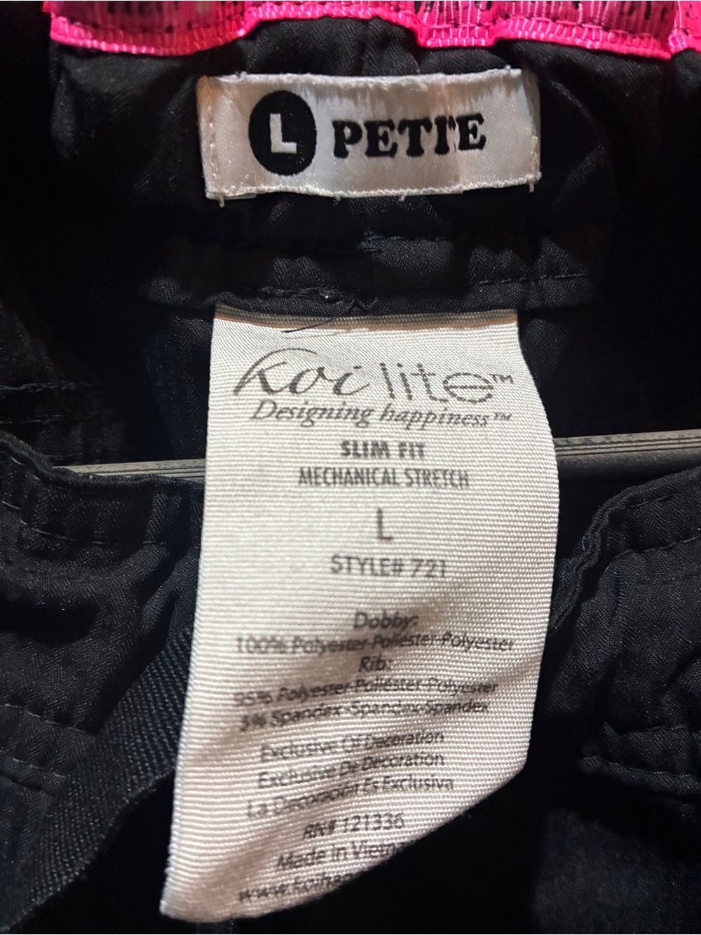 koi Lite  “Peace” 6-pocket Drawstring Scrub Pants Pre-Owned size L/P Blackw/pink